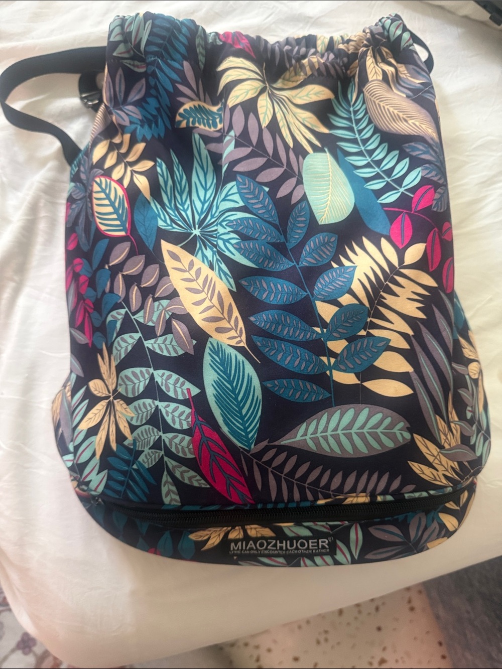 Floral Navy Drawstring Backpack with Leaf Print
